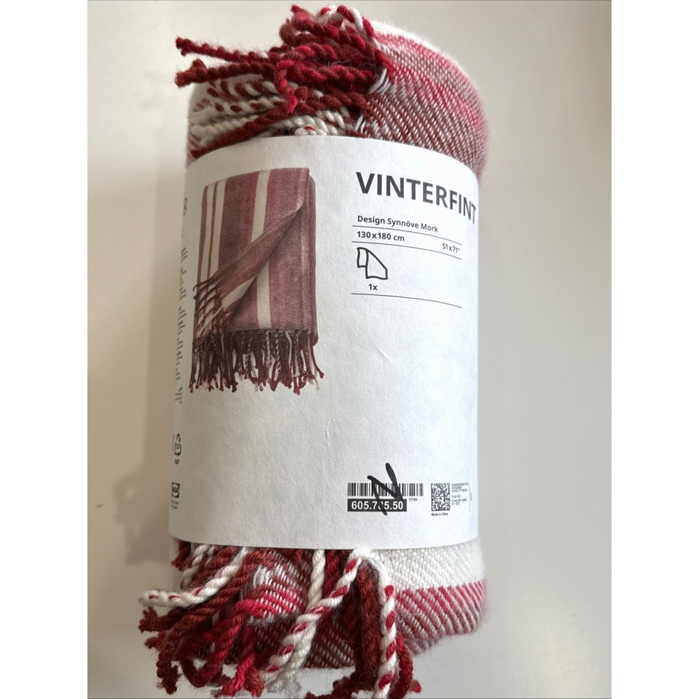 Ikea Vinterfint Throw Blanket 51" x 71" Red-Striped Tasseled Wool new 605.785.50